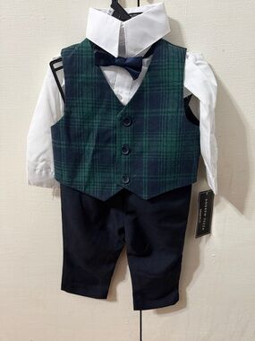 Andrew Fezza Boys Green and Navy Plaid Vest Suit with Bow Tie Set